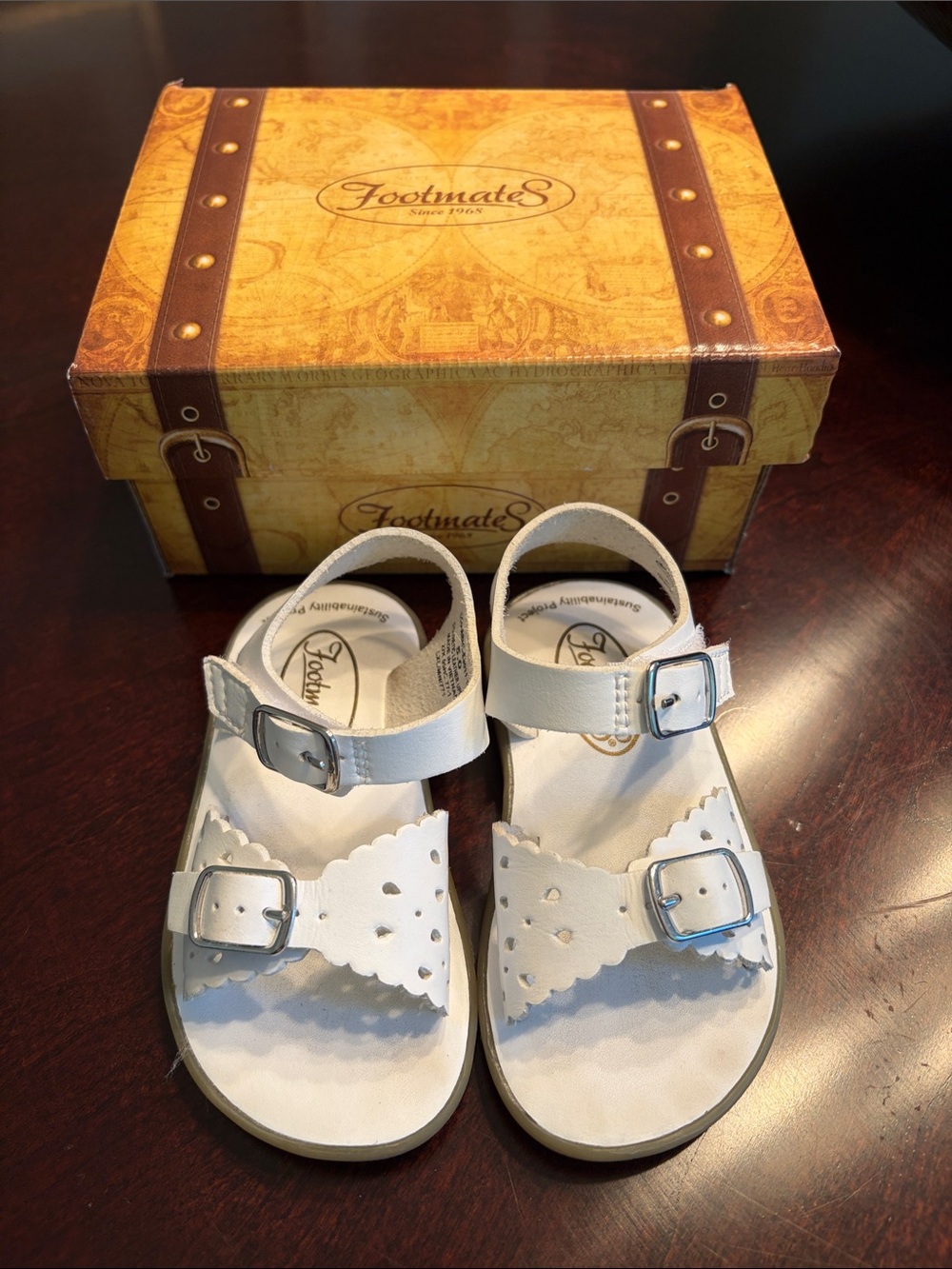 FootMates Ariel White Girls' Double-Buckle Scalloped Sandals